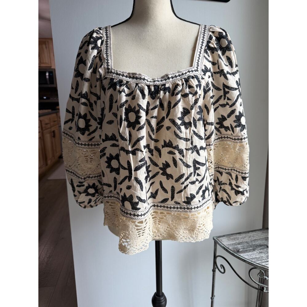 Christain Siriano New York boho puff sleeve square neck linen blend L SZ Large